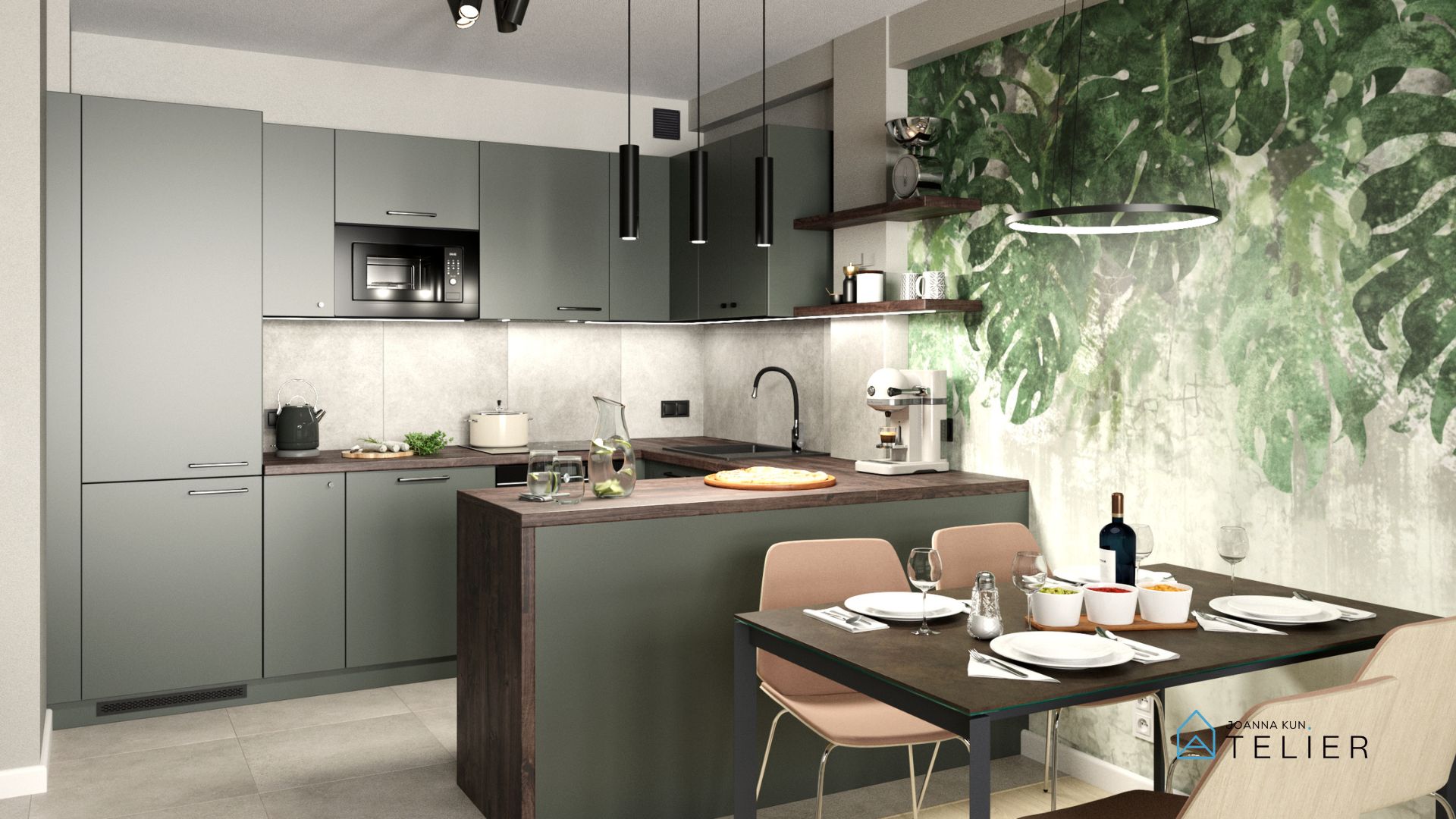 wizualizacja-ciemnozielona-kuchnia-mieszkanie-inwestycyjne