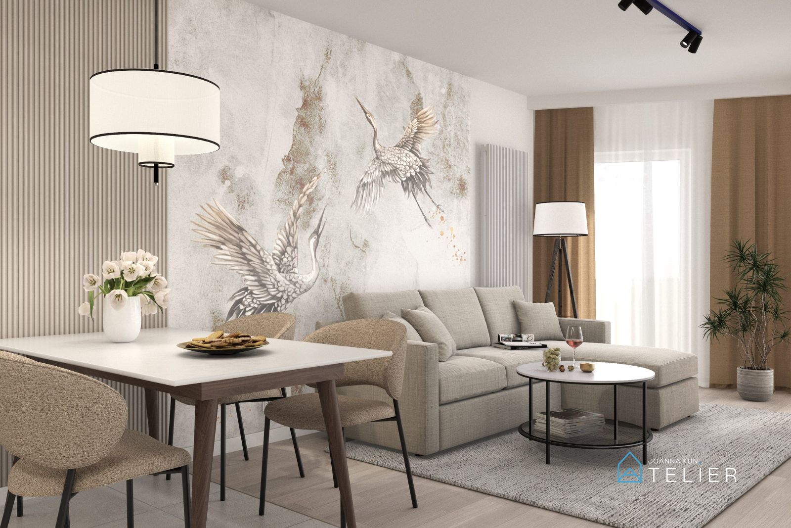 wizualizacja salonu widok na szarą sofę tapeta z żurawiami stół z lampą