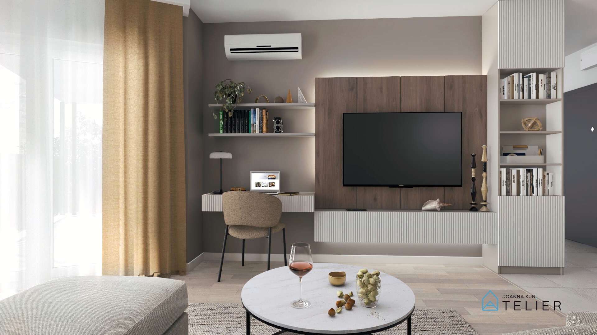 wizualizacja nowoczesnego salonu z widokiem na ścianę tv regałem, stolikiem kawowym i miejsce do pracy