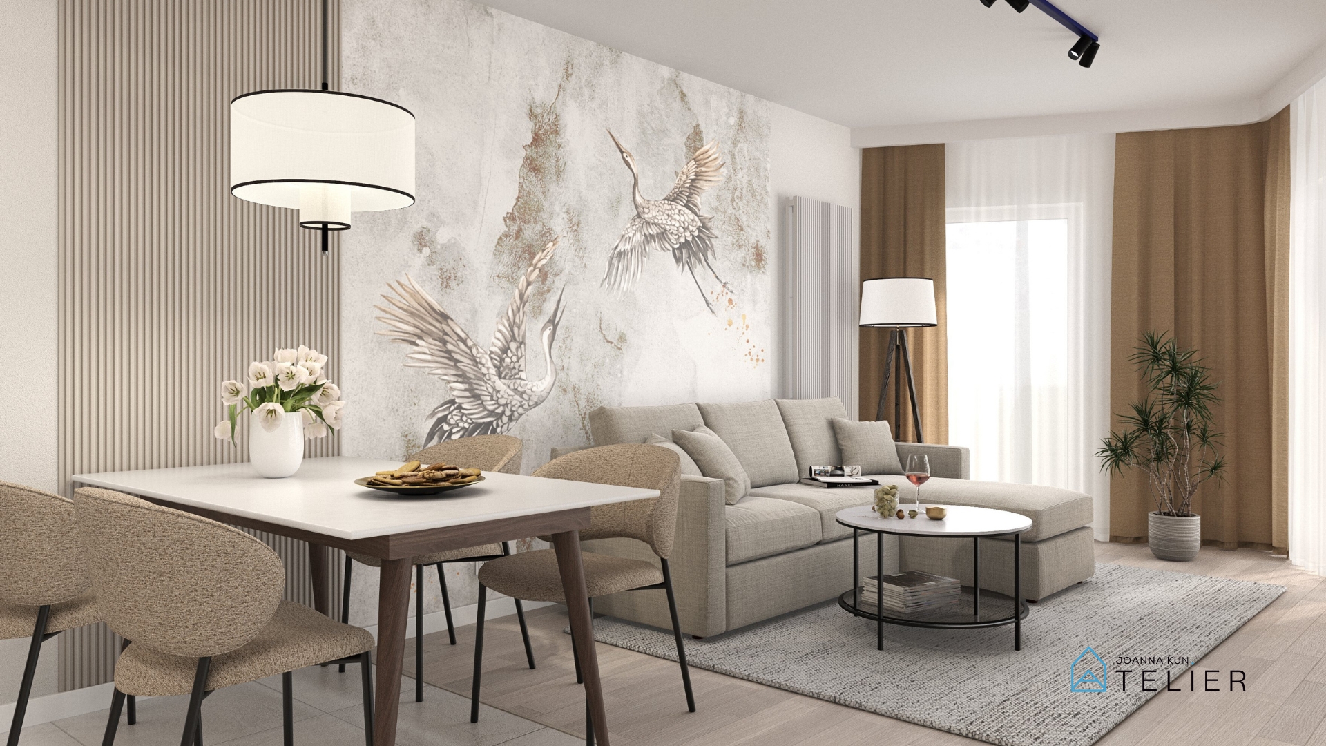 wizualizacja salonu widok na szarą sofę tapeta z żurawiami stół z lampą