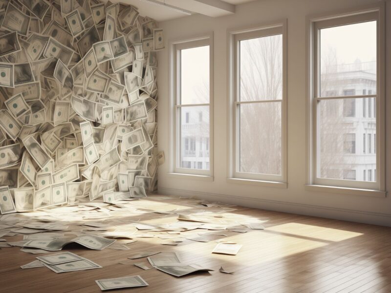 widok na puste pomieszczenie z 3 oknami i z pieniędzmi zamiast tapety na jednej ścianie