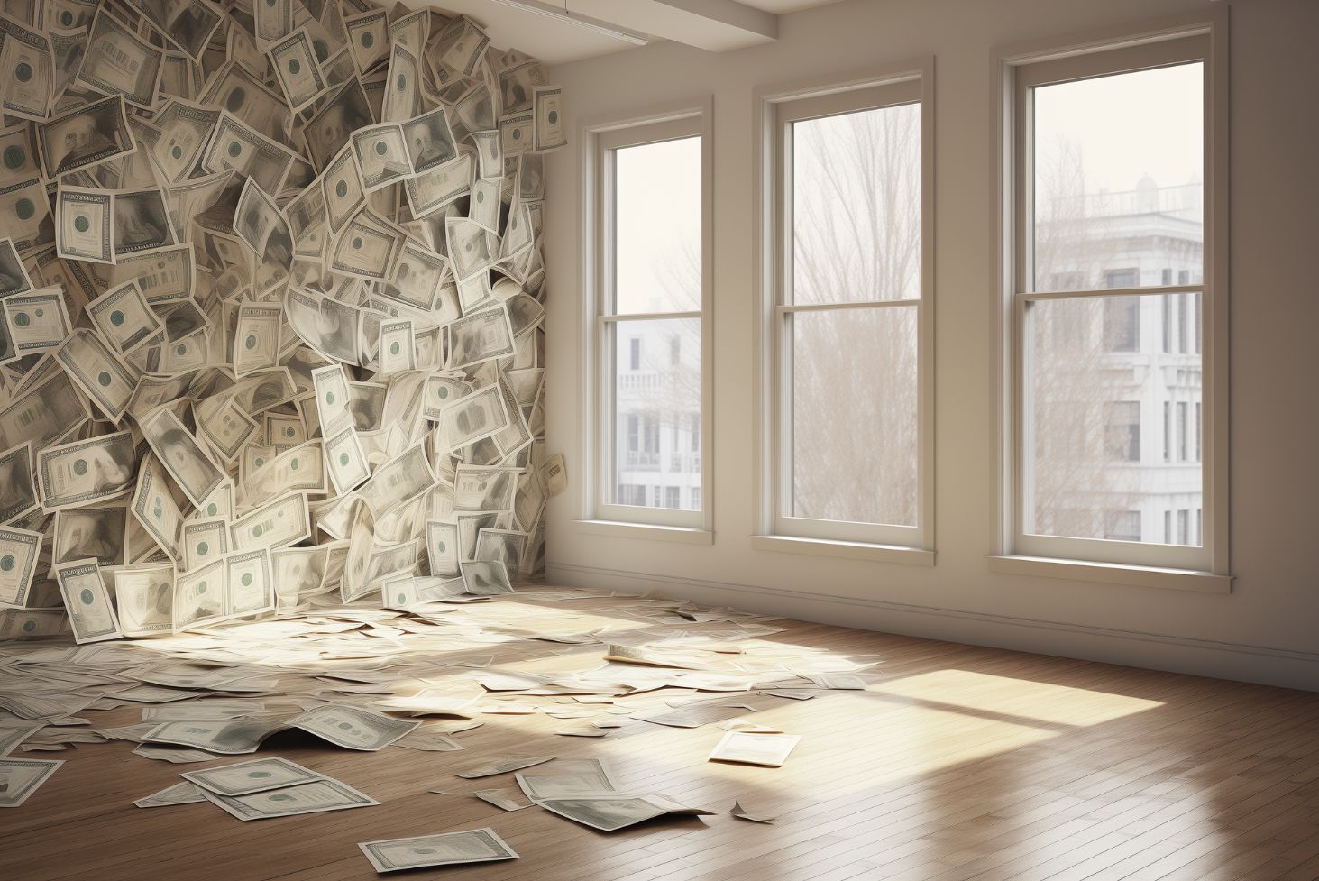 widok na puste pomieszczenie z 3 oknami i z pieniędzmi zamiast tapety na jednej ścianie