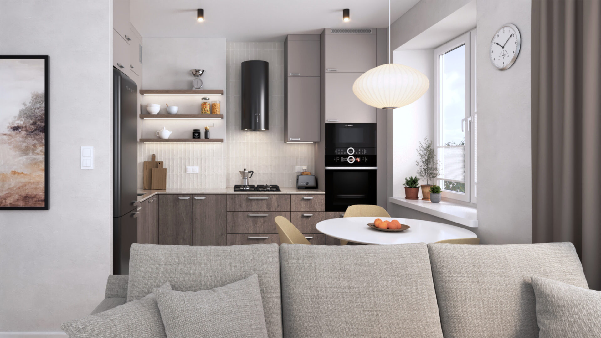 wizualizacja widok na kuchnie i sofę