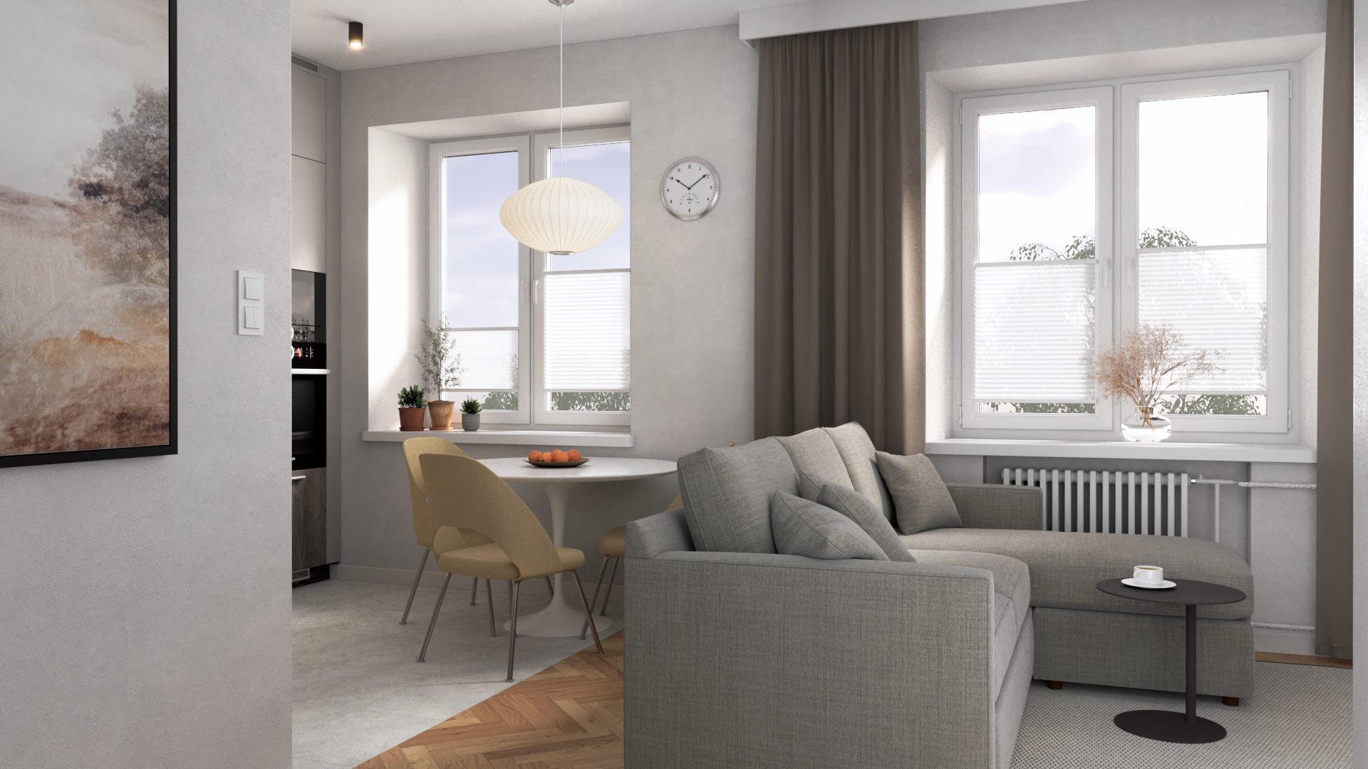 wizualizacja mieszkania widok na salon i jadalnię
