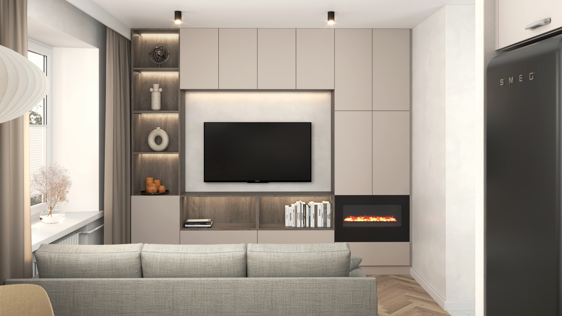 Wizualizacja fotorealistyczna ściany tv z regałem i kominkiem led
